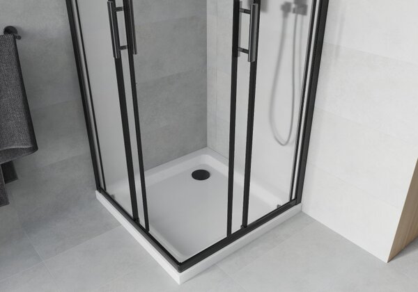 Mexen Rio, sprchový kout s posuvnými dveřmi 90x90x190 cm, 5mm sklo námraza, černý profil + bílá sprchová vanička SLIM, 860-090-090-70-30-4010B