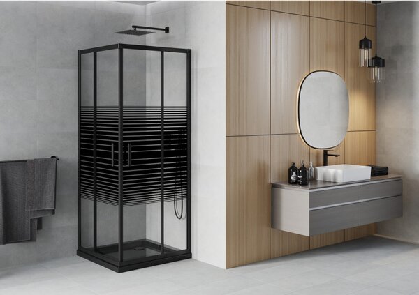 Mexen Rio čtvercová sprchová kabina 80 x 80 cm, černé pruhy, černá + brodzik Flat, černý - 860-080-080-70-20-4070B