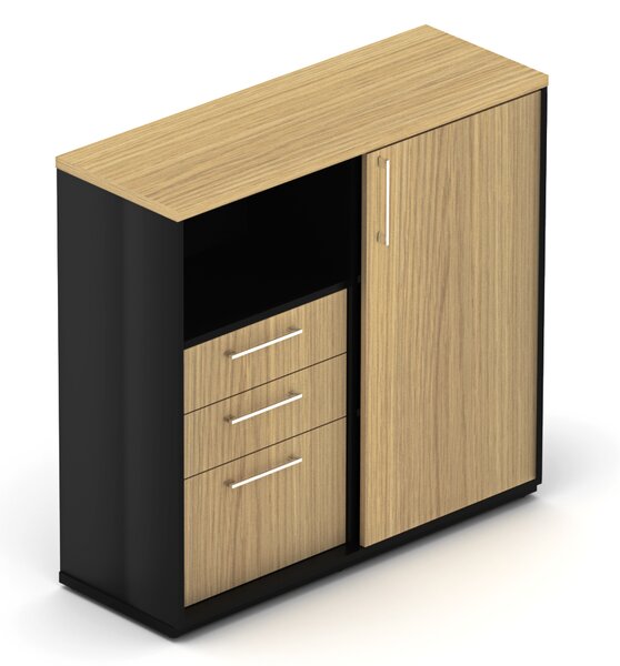 NABYTEK-DESIGNOVY.CZ - DE3123DP - Skříň kancelářská EPIC, 3 zásuvky, 4 police, posuvné dveře, šířka 120cm, výška 112,9cm, dub/černá