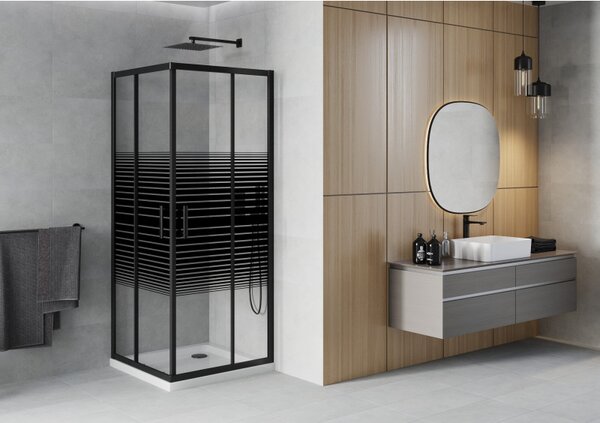 Mexen Rio, čtvercový sprchový kout s posuvnými dveřmi 70 (dveře) x 70 (dveře) x 190 cm, 5mm čiré sklo s pásky, černý profil + bílá sprchová vanička SLIM, 860-070-070-70-20-4010B