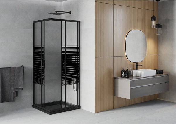 Mexen Rio čtvercová sprchová kabina 80 x 80 cm, černé pruhy, černá + brodzik Flat, černý - 860-080-080-70-20-4070B