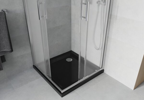 Mexen Rio, čtvercový sprchový kout s posuvnými dveřmi 70 (dveře) x 70 (dveře) x 190 cm, 5mm sklo námraza, chromový profil + černá sprchová vanička SLIM, 860-070-070-01-30-4070