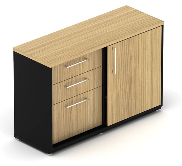 NABYTEK-DESIGNOVY.CZ - DE2122DP - Skříň kancelářská EPIC, 3 zásuvky, 2 police, posuvné dveře, šířka 120cm, výška 77,7cm, dub/černá