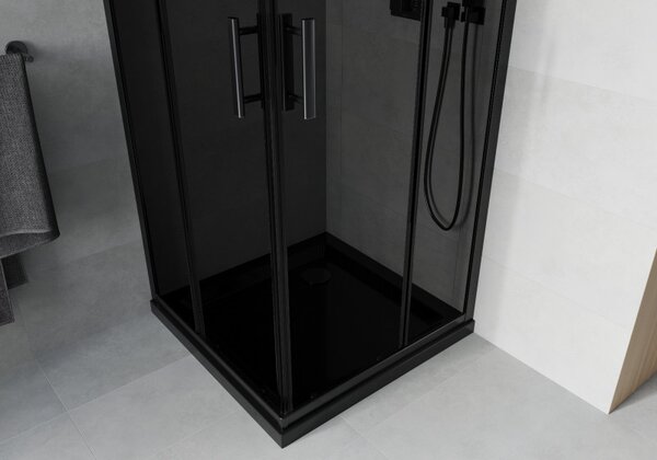 Mexen Rio, čtvercový sprchový kout 80(dveře)x80(dveře)x190 cm, 5mm šedé sklo, černý profil + černá sprchová vanička SLIM, 860-080-080-70-40-4070B