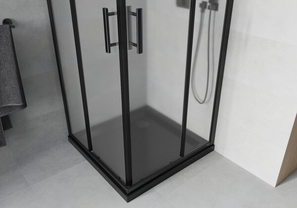 Mexen Rio, čtvercový sprchový kout s posuvnými dveřmi 70 (dveře) x 70 (dveře) x 190 cm, 5mm sklo námraza, černý profil + černá sprchová vanička SLIM, 860-070-070-70-30-4070B