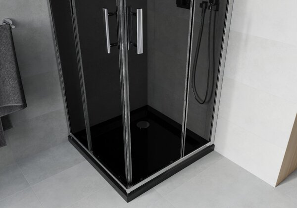 Mexen Rio, čtvercový sprchový kout s posuvnými dveřmi 70 (dveře) x 70 (dveře) x 190 cm, 5mm šedé sklo, chromový profil + černá sprchová vanička SLIM, 860-070-070-01-40-4070