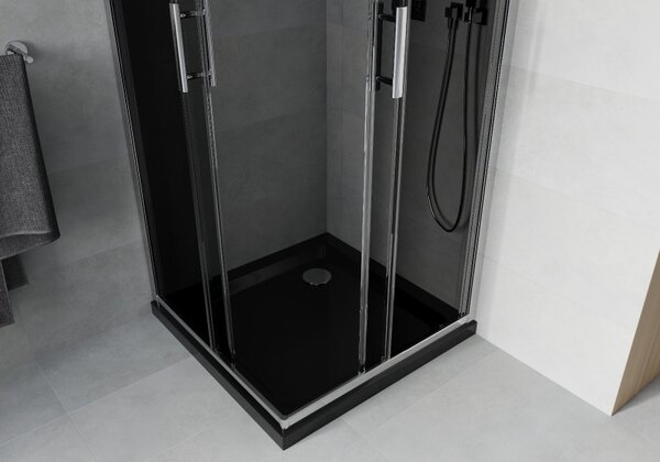 Mexen Rio, čtvercový sprchový kout s posuvnými dveřmi 70 (dveře) x 70 (dveře) x 190 cm, 5mm šedé sklo, chromový profil + černá sprchová vanička SLIM, 860-070-070-01-40-4070