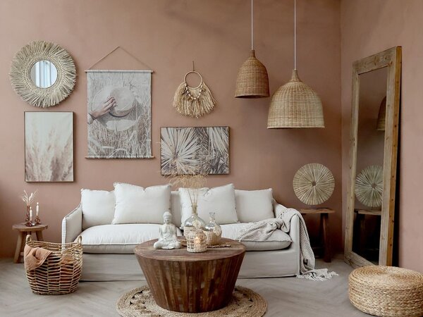 Nástěnná dekorace z palmových listů a korálky na kruhu - 46*4*51 cm - Chic Antique