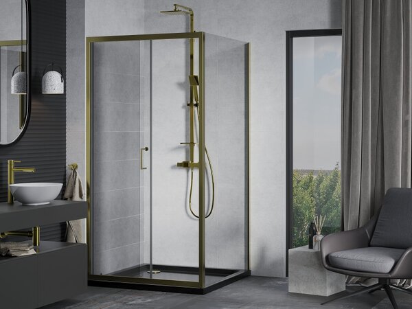 Mexen Apia sprchový kout s posuvnými dveřmi 90 (dveře) x 90 (stěna) cm, 5mm čiré sklo, zlatý profil + černá sprchová vanička SLIM, 840-090-090-50-00-4070G