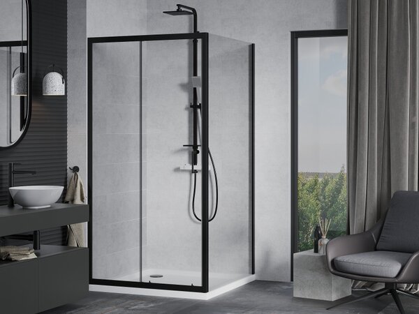 Mexen APIA, sprchový kout s posuvnými dveřmi 90 (dveře) x 90 (stěna) cm, 5mm čiré sklo, černý profil + bílá sprchová vanička, 840-090-090-70-00-4010B