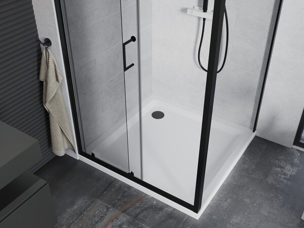 Mexen APIA, sprchový kout s posuvnými dveřmi 90 (dveře) x 90 (stěna) cm, 5mm čiré sklo, černý profil + bílá sprchová vanička, 840-090-090-70-00-4010B