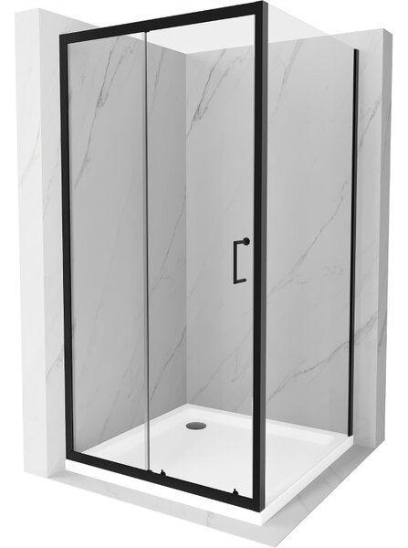 Mexen APIA, sprchový kout s posuvnými dveřmi 90 (dveře) x 90 (stěna) cm, 5mm čiré sklo, černý profil + bílá sprchová vanička, 840-090-090-70-00-4010B