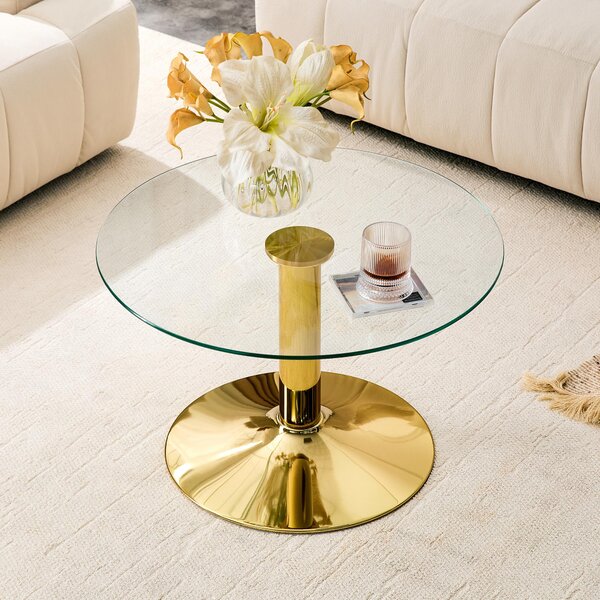 Kulatý konferenční stolek, průměr 70 cm, sklo, tvrzená deska, kovová konstrukce, moderní design (zlatá barva)