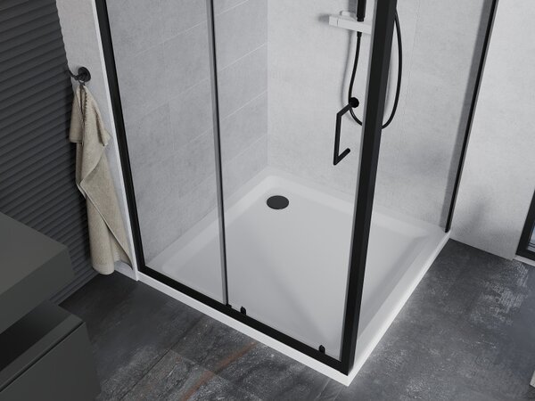 Mexen APIA, sprchový kout s posuvnými dveřmi 90 (dveře) x 90 (stěna) cm, 5mm čiré sklo, černý profil + bílá sprchová vanička, 840-090-090-70-00-4010B