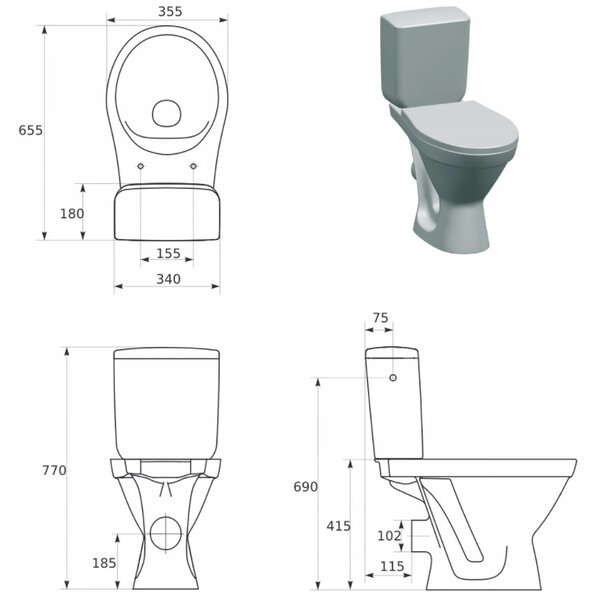 Cersanit Cersania SimpleOn 010 - WC kombi 3/6l + sedátko s pomalým zavíráním z duroplastu, horizontální odpad, bílá, K11-2339