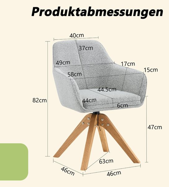 Sada dvou jídelních židlí, otočné o 360°, masivní dřevěné nohy, čalounění z látky, ergonomický design (šedá barva)