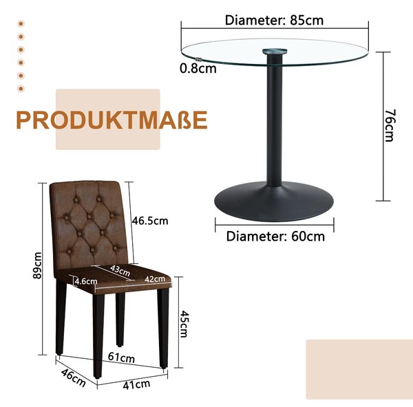 Sada stolku a židlí, skleněný stolek o průměru 85 cm, 4 židle, retro plastový materiál, lehce provedení (hnědá + černá, průhledná)