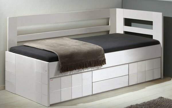 Rohová postel z masivu s úložným prostorem HANNY II. 90x200, smrk - bílá