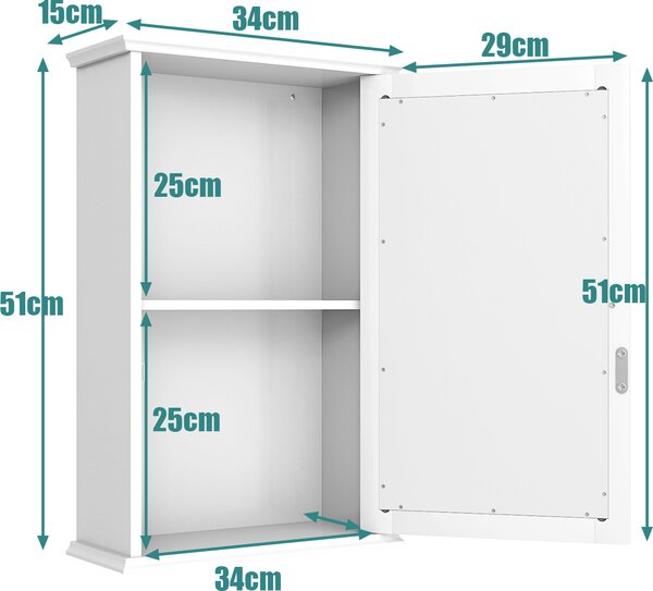 COSTWAY zrcadlová skříňka do koupelny, nástěnná skříňka se zrcadlem, koupelnová zrcadlová skříňka bílá, nástěnná skříňka ze dřeva, víceúčelová skříňka 34x15x53cm