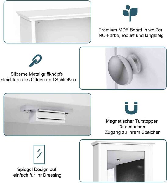 COSTWAY zrcadlová skříňka do koupelny, nástěnná skříňka se zrcadlem, koupelnová zrcadlová skříňka bílá, nástěnná skříňka ze dřeva, víceúčelová skříňka 34x15x53cm