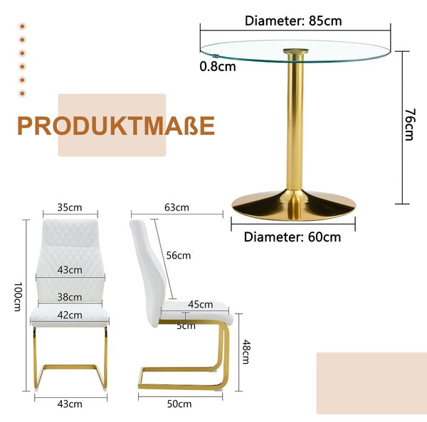 Sada stolku a židlí, skleněný stolek o průměru 85 cm, kovové nohy, 4 jídelní židle (průhledné, bílé a zlaté)