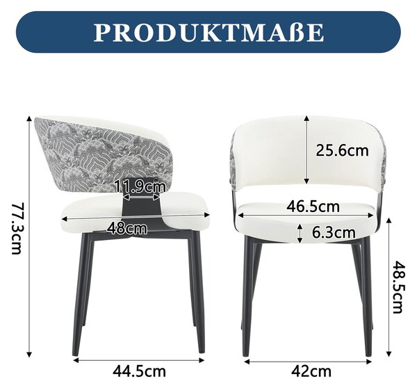 Sada dvou jídelních židlí, styl mid-century, retro design, s područkami, potažené umělou kůží, kovové nohy (bílá + černá)