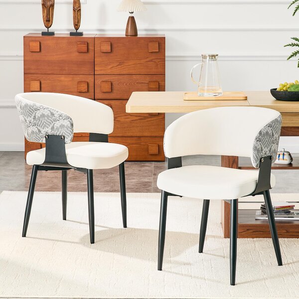 Sada dvou jídelních židlí, styl mid-century, retro design, s područkami, potažené umělou kůží, kovové nohy (bílá + černá)