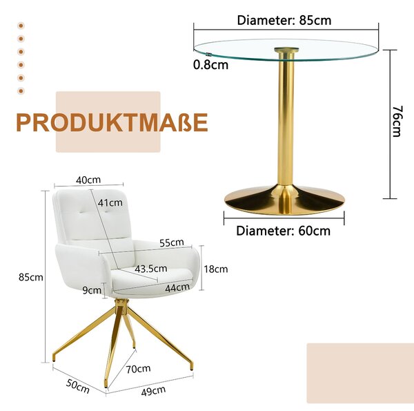 Sada stolku a židlí, skleněný stolek o průměru 85 cm, kovová podnož, 4 otočné židle s potahem zPolyuretan(průhledné, bílé a zlaté)