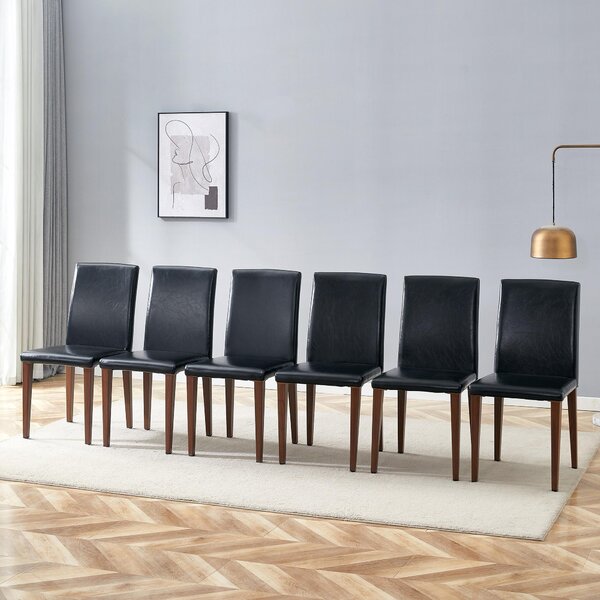 Sada 6 jídelních židlí, minimalistický design, materiál: polyuretan (PU), kovové nohy, vzhled dřeva, lehce provedení (barva: ořech + černá)