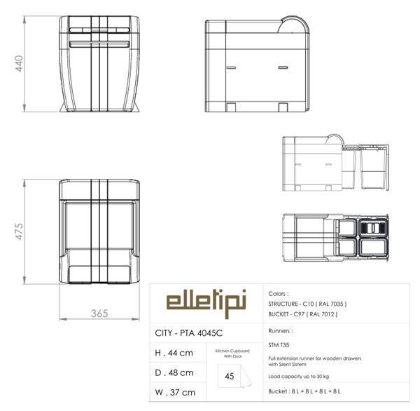 Vestavný odpadkový koš Elletipi CITY - výsuvný, 8+8+8+8 L , PTA 4045C