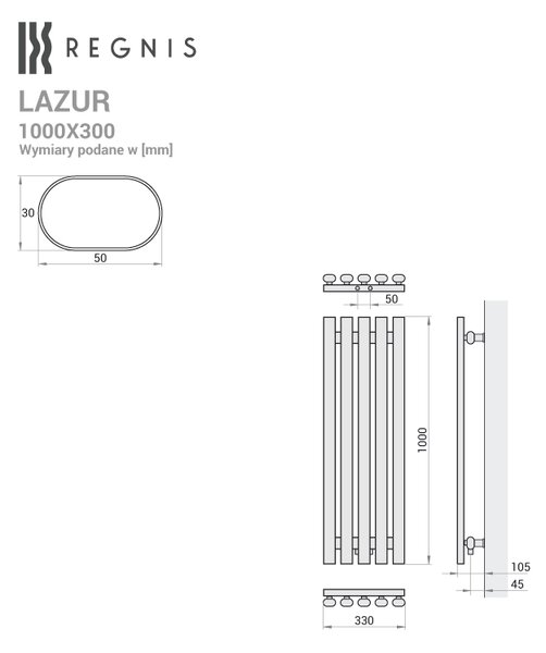 Regnis Lazur LA, topné těleso 330x1000mm se středovým připojením 50mm, 428W, černá matná, LAZURLA/1000/330/D5/BLACK