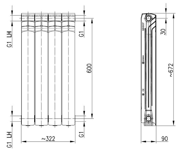 KFA Armatura G600F pokojový radiátor 67.2x32.2 cm podłączenie boční černá 772-040-81