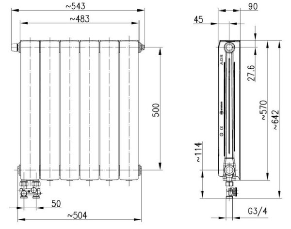 KFA Armatura ADR500 pokojový radiátor 57x48.3 cm podłączenie spodní bílá 763-064-44