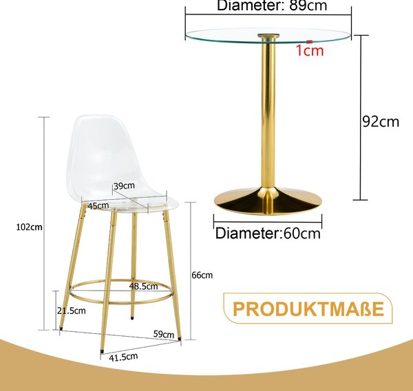 Barová sada: Skleněný stůl (89 cm) + 2 průhledné barové židle, kovová konstrukce, opěrka nohou (zlatá barva, průhledné)