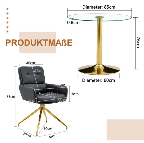 Sada stolku a židlí, skleněný stolek o průměru 85 cm, kovová podnož, 2 otočné židle s potahem zPolyuretan(černá + zlatá, průhledné)