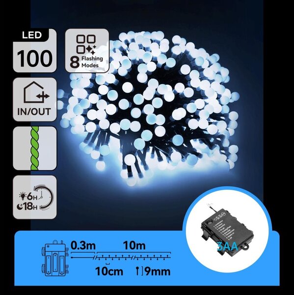 Aigostar - LED Venkovní ván řetěz 100xLED/8 funkcí 3xAA 10,3m IP44 studená bílá