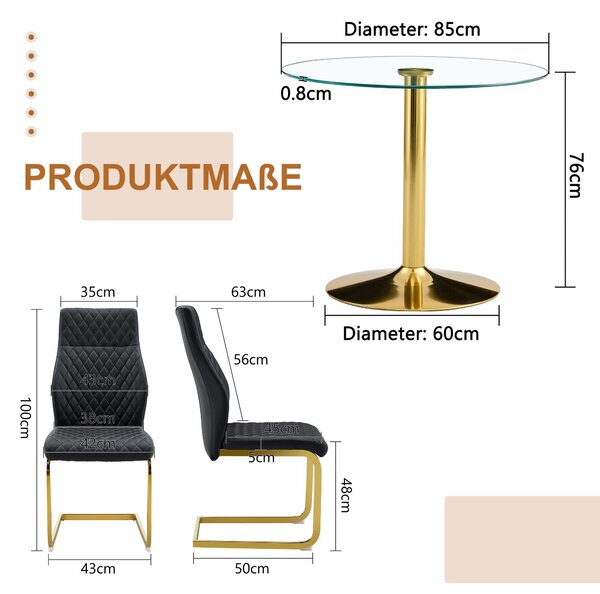 Sada stolku a židlí, skleněný stolek o průměru 85 cm, kovová podnož, 4 otočné židle s potahem zPolyuretan(černá + zlatá, průhledné)