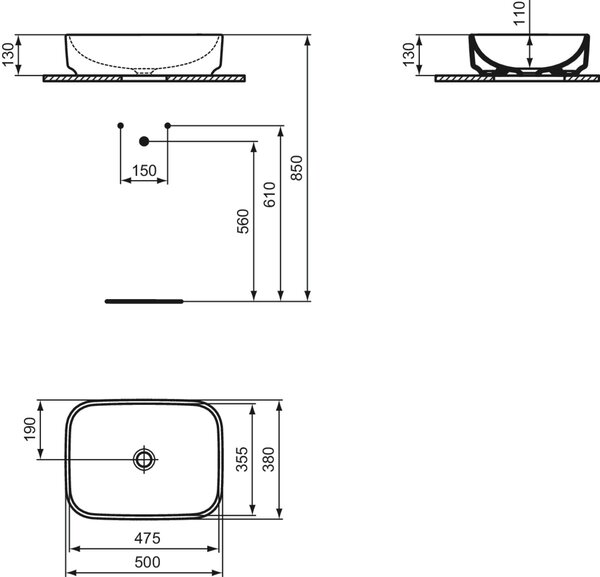 Ideal Standard i.life B umyvadlo 50x38 cm obdélníkový na pult bílá lesk T572901