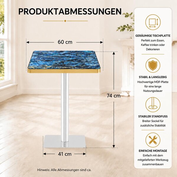 Sada stolku a židlí, kulatý stolek o průměru 60 cm, materiál MDF, 2 sametové židle, opěradlo ve tvaru okvětního lístku (modrá barva)
