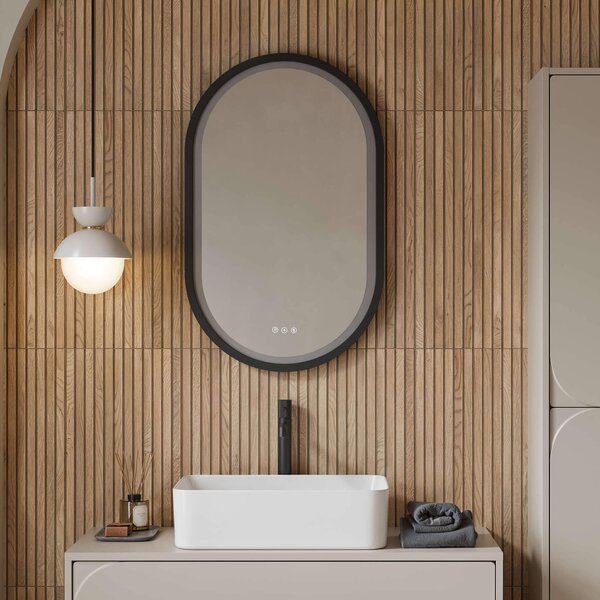 Cersanit Crea II zrcadlo 50x80 cm oválný s osvětlením s vyhřívací podložkou černá S1058–034