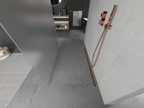 Mexen Kioto, průchozí sprchová zástěna 100 x 200 cm, 8mm sklo námraza, 2x růžové zlato stabilizační rozpěra, 800-100-002-60-30