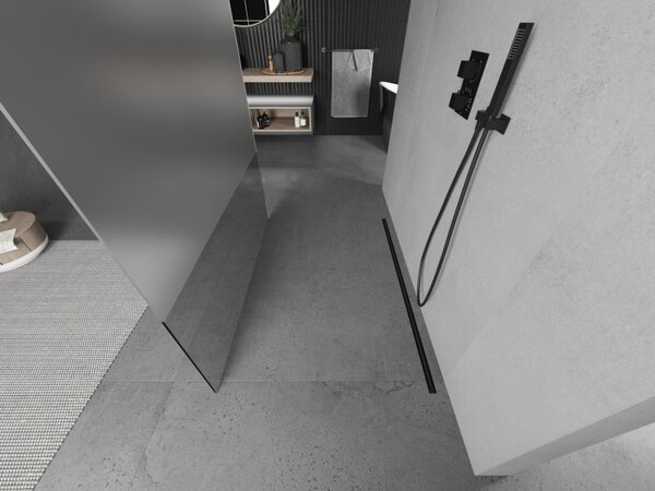 Mexen Kioto, průchozí sprchová zástěna 100 x 200 cm, 8mm čiré sklo/námraza, 2x černá stabilizační rozpěra, 800-100-002-70-35