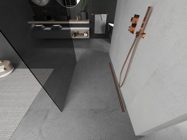 Mexen Kioto, průchozí sprchová zástěna 100 x 200 cm, 8mm šedé sklo, 2x růžové zlato stabilizační rozpěra, 800-100-002-60-40