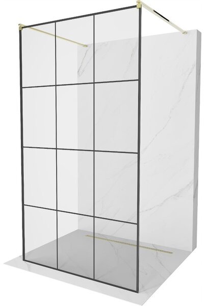 Mexen Kioto, průchozí sprchová zástěna 120 x 200 cm, 8mm sklo čiré/černý vzor, 2x zlatá stabilizační rozpěra, 800-120-002-50-77