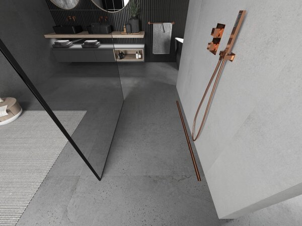 Mexen Kioto, průchozí sprchová zástěna 100 x 200 cm, 8mm sklo čiré/černý vzor, 2x růžové zlato stabilizační rozpěra, 800-100-002-60-70