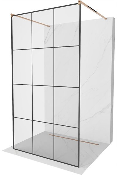 Mexen Kioto, průchozí sprchová zástěna 100 x 200 cm, 8mm sklo čiré/černý vzor, 2x růžové zlato stabilizační rozpěra, 800-100-002-60-77