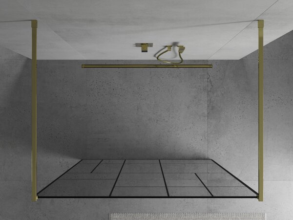 Mexen Kioto, průchozí sprchová zástěna 100 x 200 cm, 8mm sklo čiré/černý vzor, 2x zlatá stabilizační rozpěra, 800-100-002-50-78