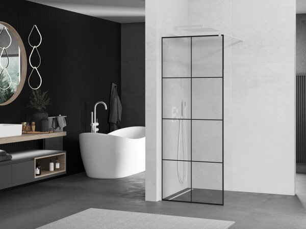 Mexen Kioto, Walk-In sprchová zástěna 80 x 200 cm, 8mm sklo čiré/černý vzor, bílý profil, 800-080-101-20-77