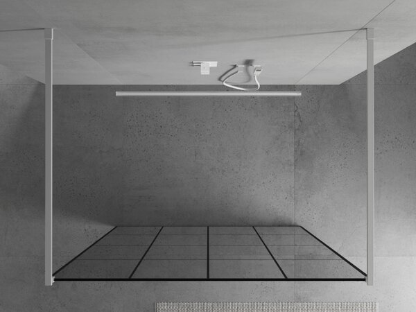 Mexen Kioto, průchozí sprchová zástěna 130 x 200 cm, 8mm sklo čiré/černý vzor, 2x bílá stabilizační rozpěra, 800-130-002-20-77
