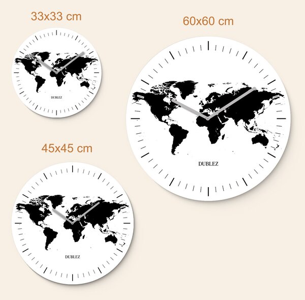 DUBLEZ | Bílé nástěnné hodiny - Mapa světa | UV tisk, Premium